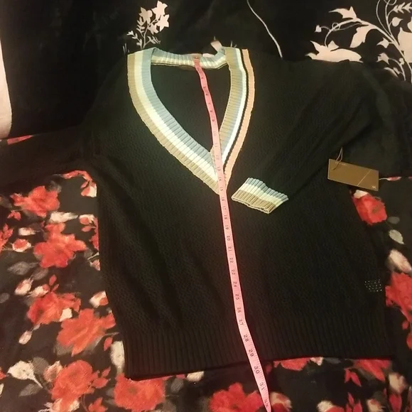 Nordstrom's KERISMA Rica Black Mesh Sheer Top. Earth Tones accent V-Neck - Picture 3 of 15